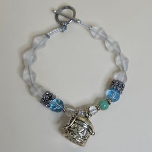 Glass Bead Silver and Blue Bracelet With Charm Box